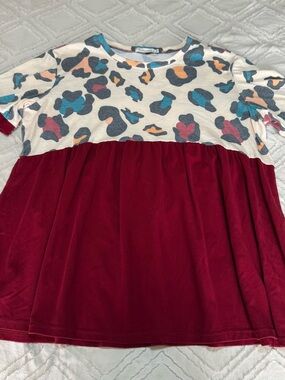 Girls Maroon & Multi Leopard Print Babydoll Top